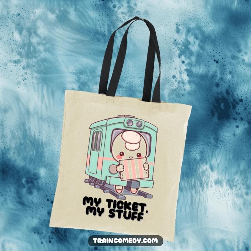 Funny, playful character holding a striped ticket, about to board a whimsical train, on a durable tote bag, ideal for travel or daily use.