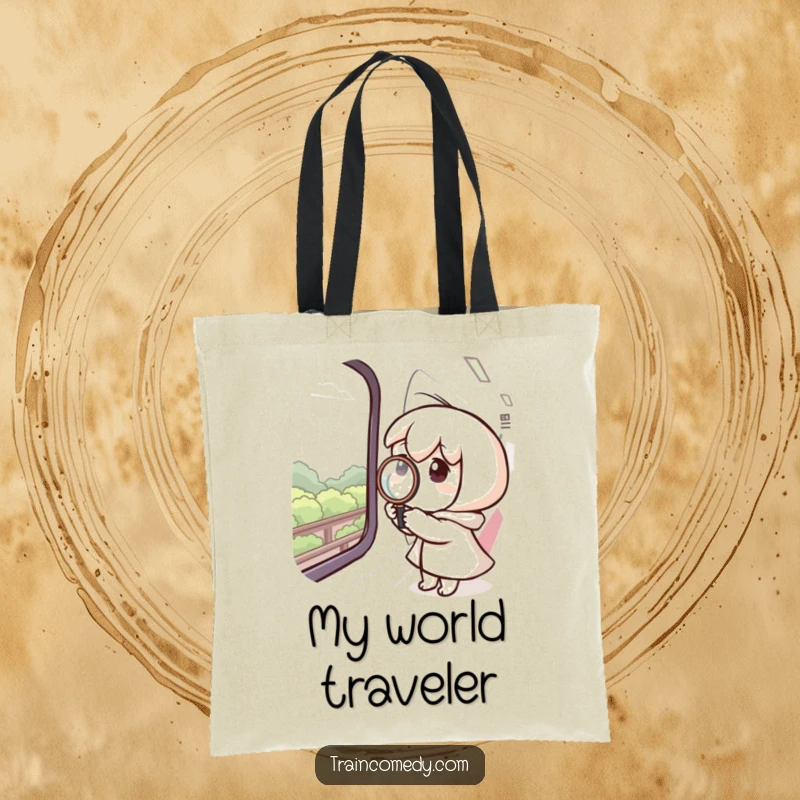 Funny tote bag showing a curious character using a magnifying glass on a train window, observing the passing landscape with interest.
