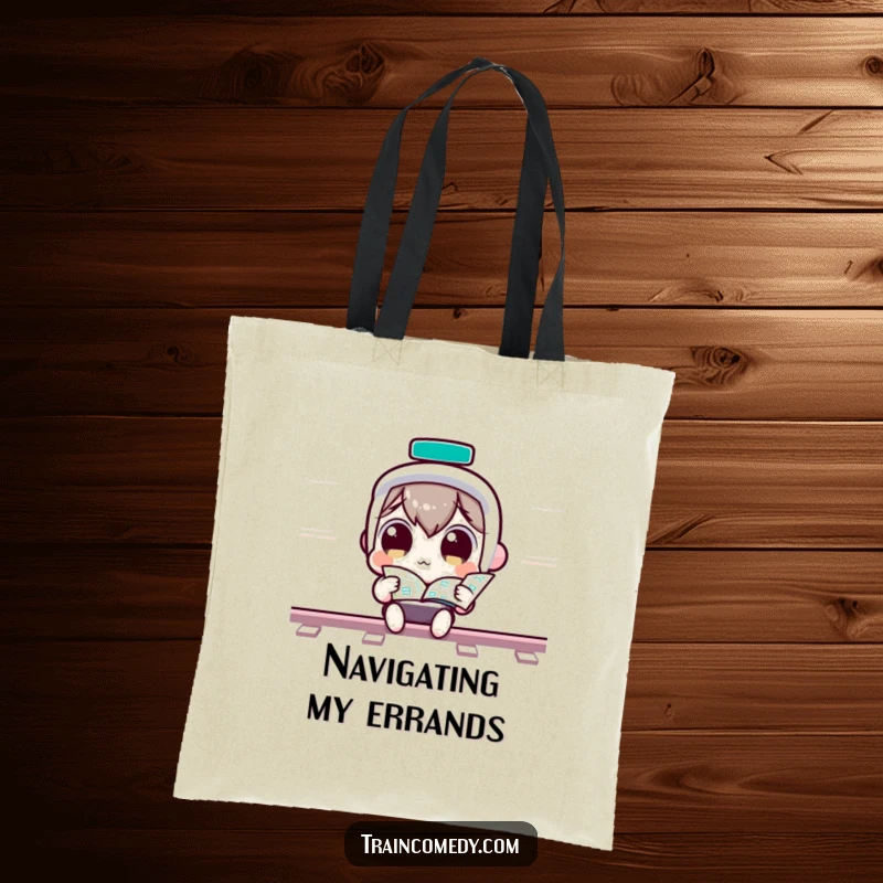 Funny Tote Bag: Curious Kawaii character with wide eyes looking at a train map, great for planners, a functional funny gift.